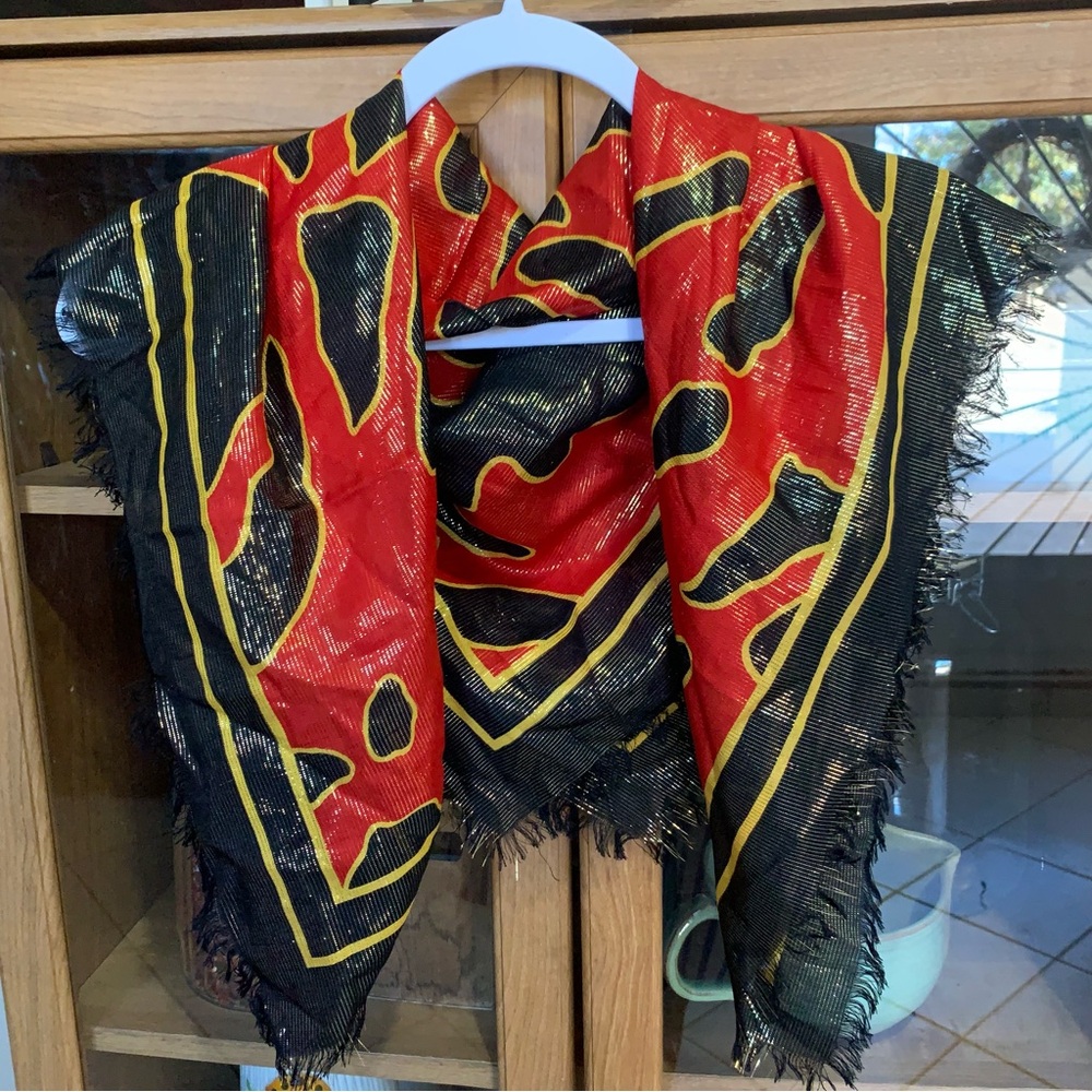 Vintage 80s St John Knit Scarf Print Square Red Black Gold Square - Picture 2 of 5